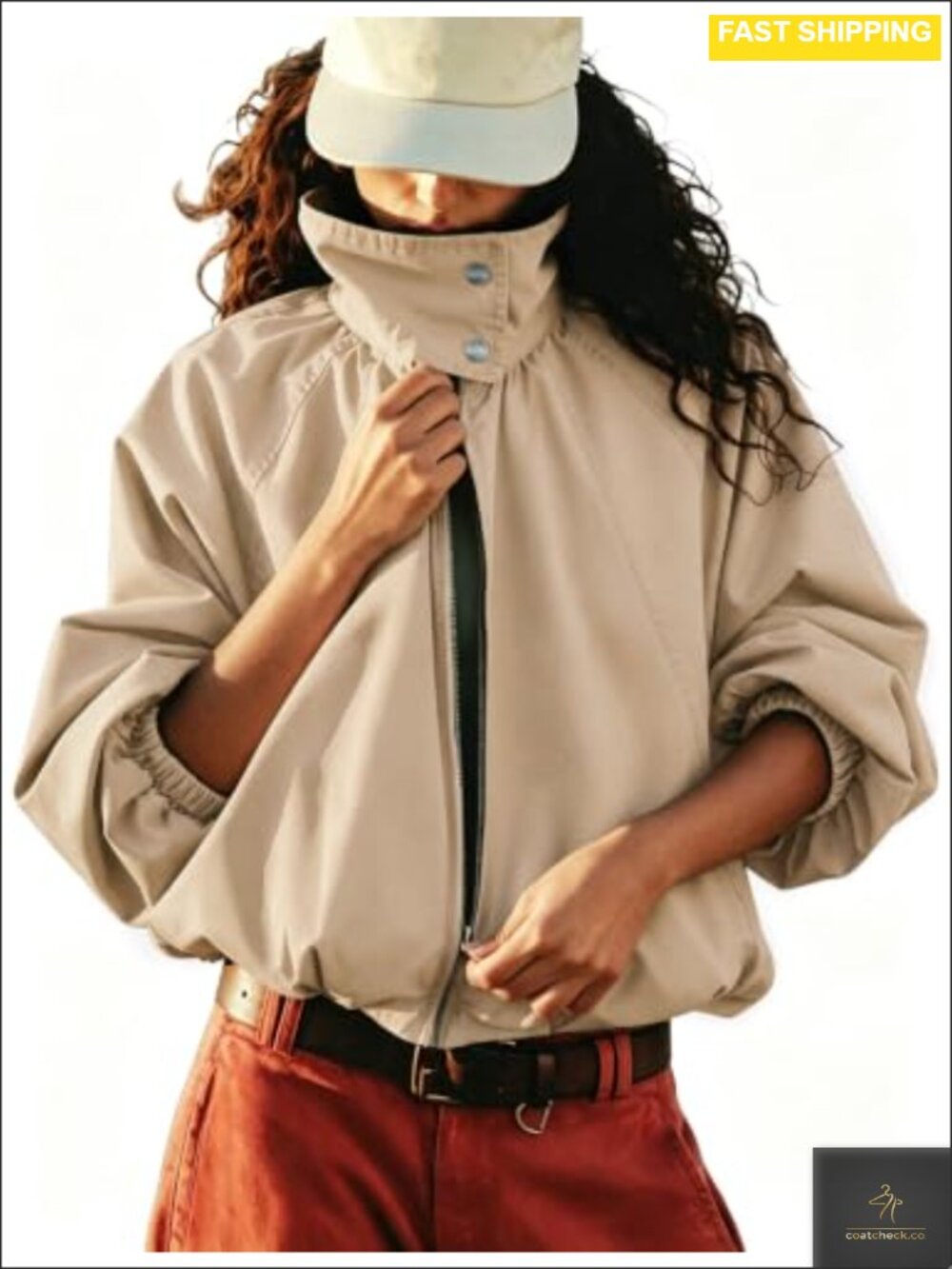 Women's Oversized Funnel Neck Zip Trench Coat Polyester Casual Jacket